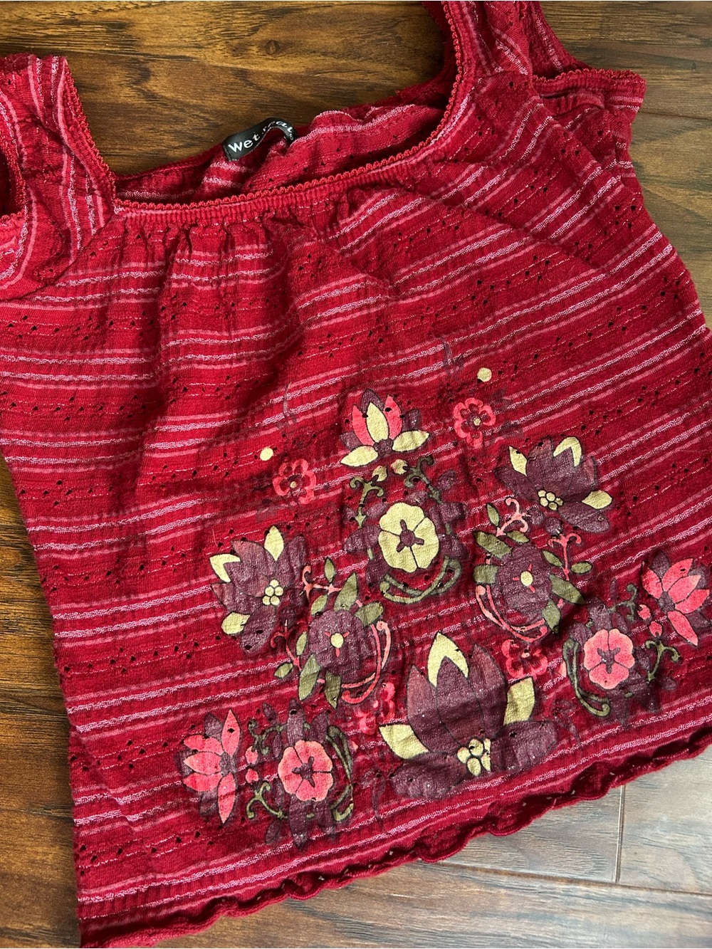 Wet Seal Vintage Red Babydoll top w/ stripes & embroidered florals • Small • Y2K - Picture 2 of 8